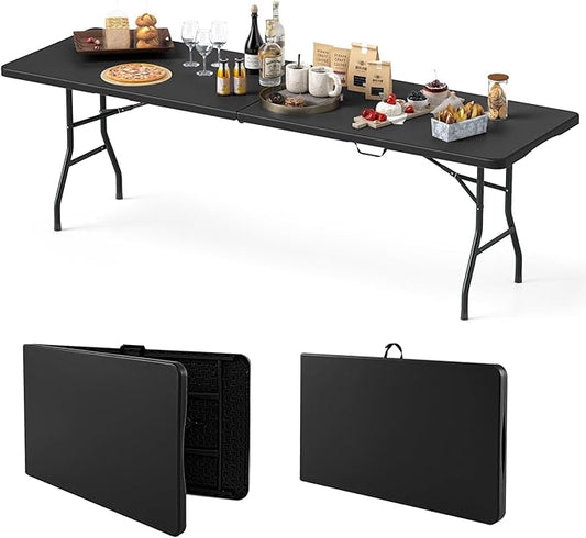 Goplus 8ft Plastic Folding Table, 350 LBS Outdoor Heavy Duty Folding Tables with HDPE Tabletop, Handle, Lock, Foldable Rectangle Portable Utility Card Table for Picnic, Party, Camping, Dining-NeatNest