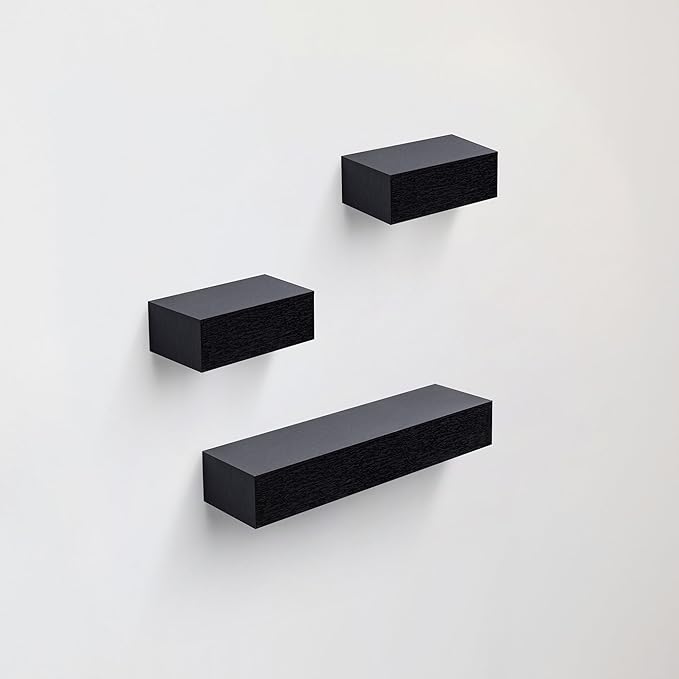 Floating Wall Shelves Set of 3 – MDF Wood Wall Mounted Shelf for Living Room, Bedroom, Bathroom, Office – Decorative Storage Racks for Plants, Photos, Books (Black, Medium Set)