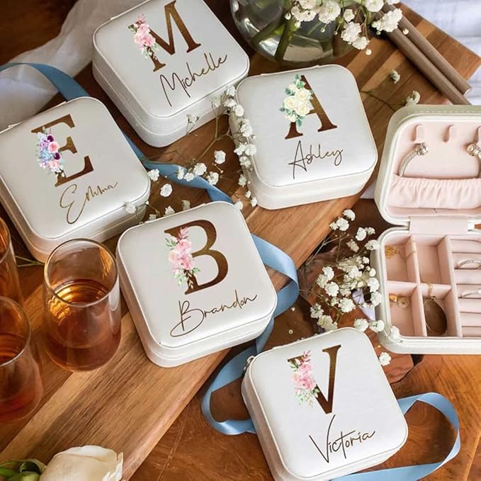 DayOfShe Personalized Bridesmaid Gifts-Travel Jewelry Box for Bachelorette Party Gifts-Leather Initial Floral Jewelry Organizer for Maid of Honor Gift for Bridesmaids-NeatNest
