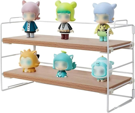 ShellKingdom Display Shelf for Figures, 2 Tier Desk Shelf Organizer, Desktop Shelves, Adjustable Bookshelf Storage Rack and Office Cubicle Decor for Tabletop, Office, Dorm (White Frame + Wood Board)-NeatNest