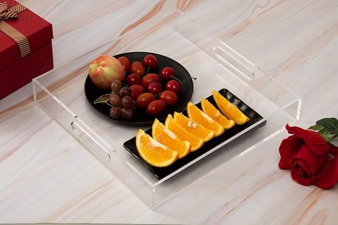 Clear Sturdy Acrylic Serving Tray with Handles - 12x12Inch - Coffee, Appetizer, Breakfast, Butler Tray - Kitchen Countertop & Makeup Drawer Organizer-NeatNest