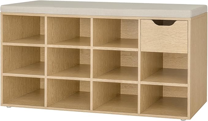 DINZI LVJ Shoe Storage Bench with Cushion, 11- Cubby Entryway Bench with Drawer and Adjustable Shelves, 40.9" Long Cubby Shoe Rack for Living Room, Bedroom, Mudroom, Natural and Cappuccino Beige-NeatNest