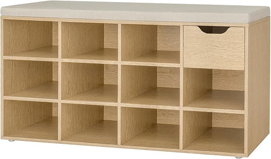 DINZI LVJ Shoe Storage Bench with Cushion, 11- Cubby Entryway Bench with Drawer and Adjustable Shelves, 40.9" Long Cubby Shoe Rack for Living Room, Bedroom, Mudroom, Natural and Cappuccino Beige-NeatNest