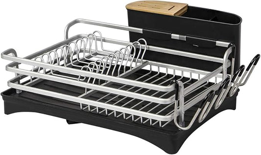 BRIAN & DANY Aluminum Dish Drying Rack, Dish Racks for Kitchen Counter, Dish Drainer with Removable Cutlery Holder & Cup Holder, Unique 360° Swivel Spout Drainboard, 16.5" L x 11.8" W, Silver