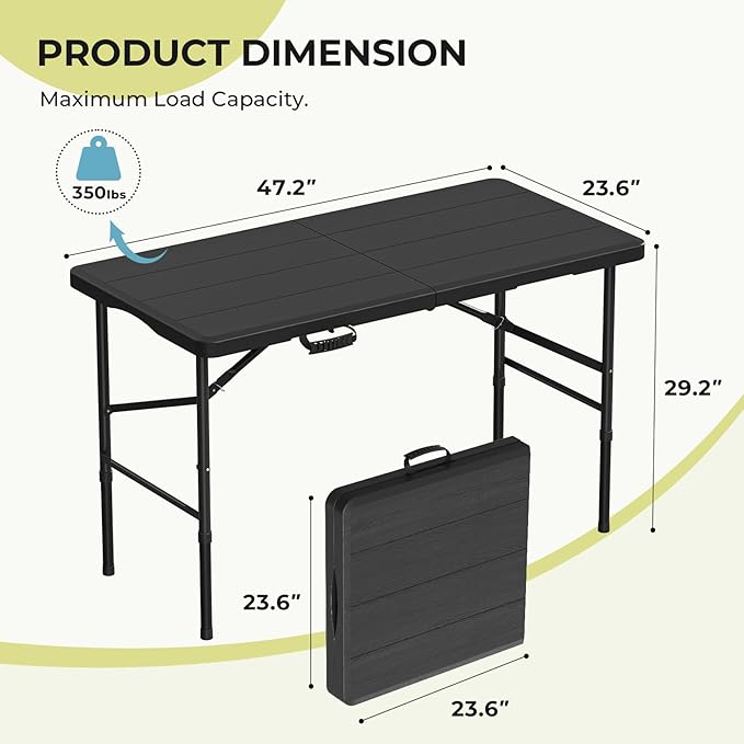 Folding Table, 4ft Folding Table, Black, Waterproof & Heat-Resistant, Foldable for Easy Transport, Steel Frame, Easy to Clean, Stylish Design-NeatNest