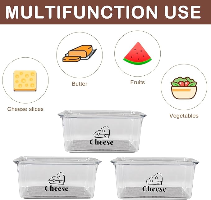 3 Pack Cheese Container Airtight with Draining Basket Cream Block Cheese Sliced Cheeses Box with Lid Saver for Fridge Deli Meat Storage Box,Cheeses Sliced,Grated,Cheddar Keeper