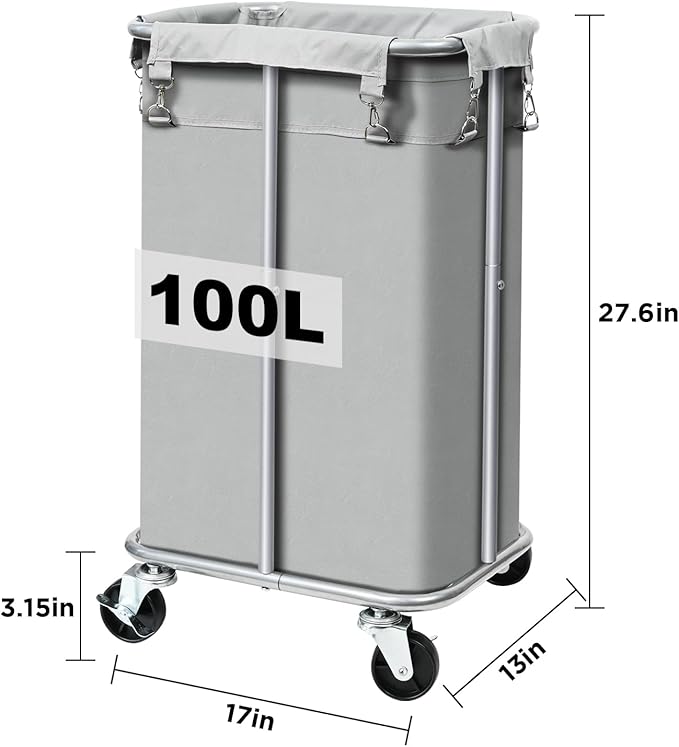 Laundry Basket with Wheels, Rolling Laundry Hamper with Removable Bag, 100L Laundry Sorter Cart, Tall Narrow Slim Clothes Hamper Organizer with Sturdy Metal Frame, Grey