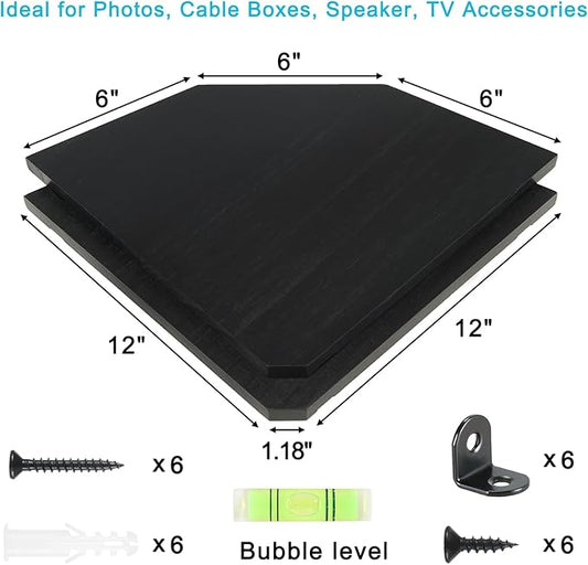 Corner Wall Shelves Set of 2, Rustic Wood Corner Floating Shelves with Cable Raceway, Wall Mount Storage Display for TV Accessories, Baby Monitor, Speaker, Cable Box (Black, Diamond- 12 Inch)-NeatNest