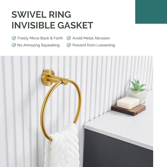 Bathroom Towel Ring Brushed Gold, Angle Simple SUS304 Stainless Steel Modern Towel Holder, Swivel Hand Towel Rack Wall Mounted
