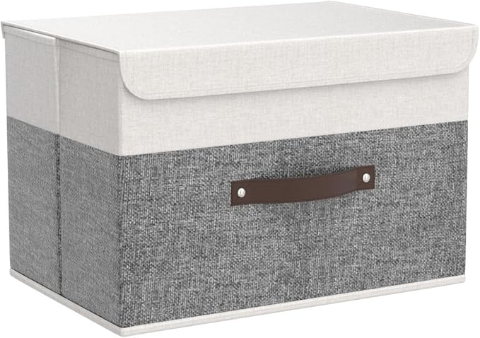 OUTBROS Large Cube Storage unit Boxes, Collapsible Bin with Lid, Linen Fabric Wardrobe Organiser, Baskets For Towels, Clothes, 17.7 x 11.8 x 11.8 inch (White/Grey, 3-Pack)-NeatNest