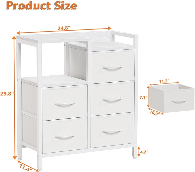 Furnulem 5 Drawer White Dressers for Bedroom 2 Tier Shelf Storage Small Fabric Dresser for Closet Sturdy Metal Frame Modern Style Storage Cabinets Organization Units for Hallway Rooms-NeatNest