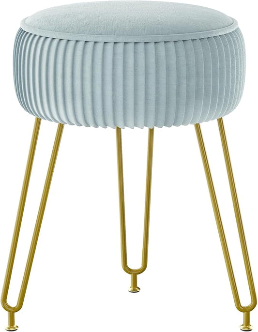 IBUYKE Velvet Round Footrest Stool Ottoman, Makeup Vanity Stool Side Table, Velvet Dressing Table Seat, Pouf Couch Stool, Golden Steel Legs, Blue LG-30H