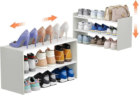 X-cosrack 2 Pack 2-Tier Shoe Rack Organizer for Closet, Expandable and Adjustable White Shoe Rack, Stackable Iron Wood Combination Shoe Storage Shelves for Closets, Entryway, Small Space, Garage-NeatNest