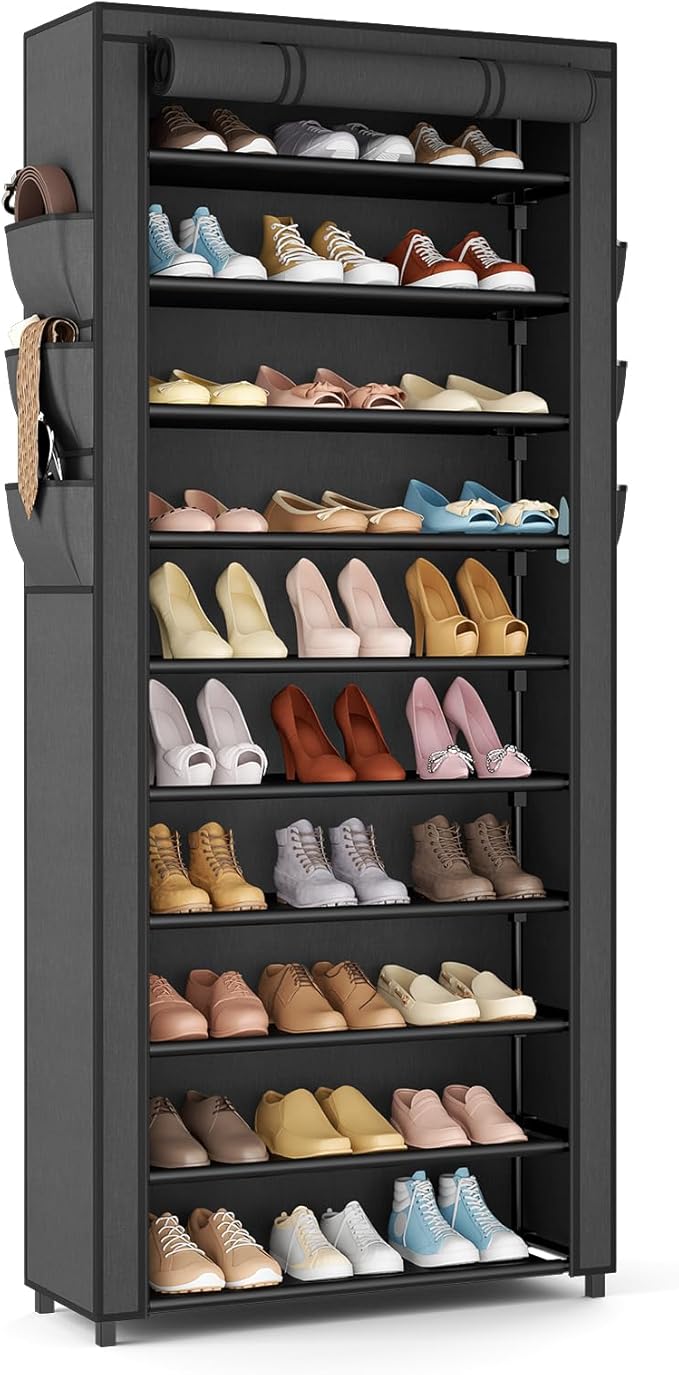 VTRIN Vertical Narrow Shoe Rack Organizer Tall Shoe Rack for Closet Entryway 10 Tier Non-Woven Cover Shoe Shelf Holds 36-41 Pairs Free Standing Shoe Storage Cabinet with Dustproof Cover, Black-NeatNest