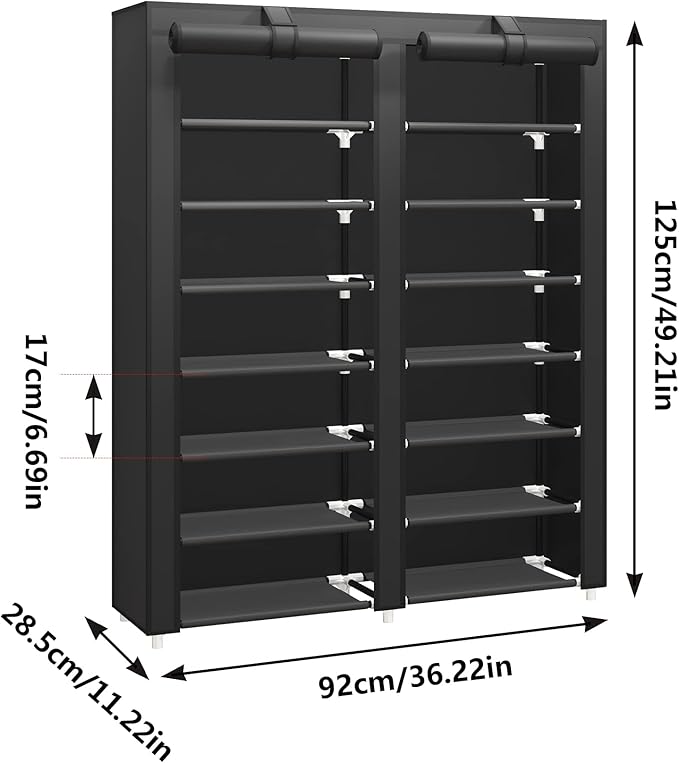 JIUYOTREE 7-Tier Shoe Storage Organizer with Dustproof Cover - Closet Cabinet Shelf Holds up to 28 Pairs - for Doorway, Corridor, Balcony, Living Room - Black-NeatNest