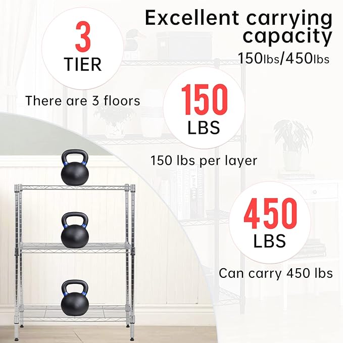 BestOffice 23Lx13.2Wx30.2H Adjustable Metal Storage Shelves 3-Tier Wire Shelving Unit Organizer Wire Rack 450Lbs Capacity for Small Places Kitchen Garage,Chrome-NeatNest