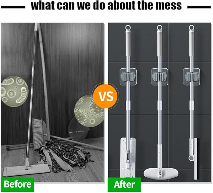 3-H 24-Pack Self Adhesive Broom Holder Wall Mount - Heavy Duty No Drill Broom Organizer for Garage Closet Kitchen, Plastic Storage Rack for Brooms Mops Tools, Peel and Stick Adhesive