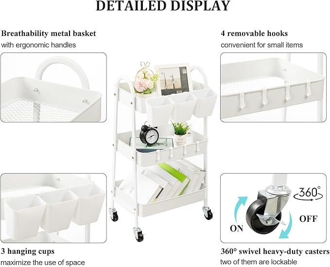 danpinera 3-Tier Rolling Cart, Metal Rolling Storage Cart with Lockable Wheels & Hanging Cups & Hooks, Mobile Trolley Cart for Kitchen, Bathroom, Office, Workshop, White-NeatNest