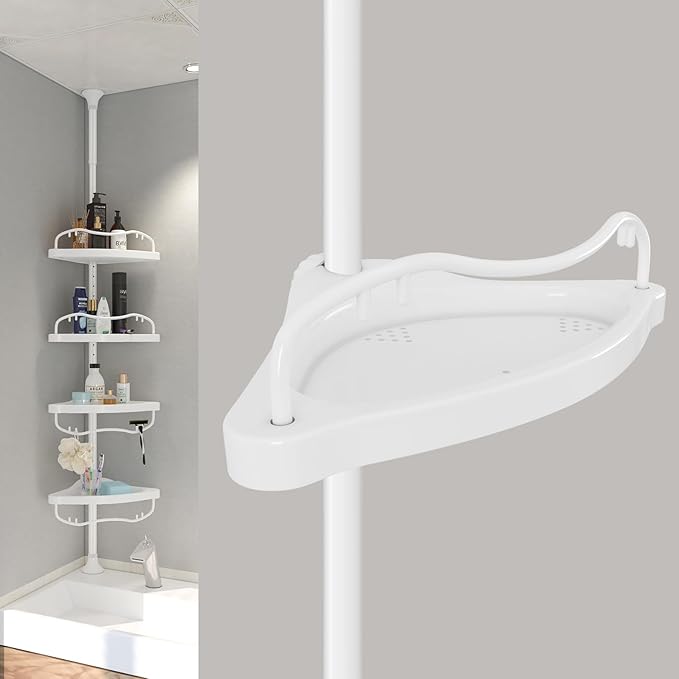 Corner Shower Caddy with Tension Pole, Rustproof ABS Shower Shelves with 56-125 Inch Steel Poles, Drill Free Shower Organizer, 4 Layer Adjustable Shelves, White
