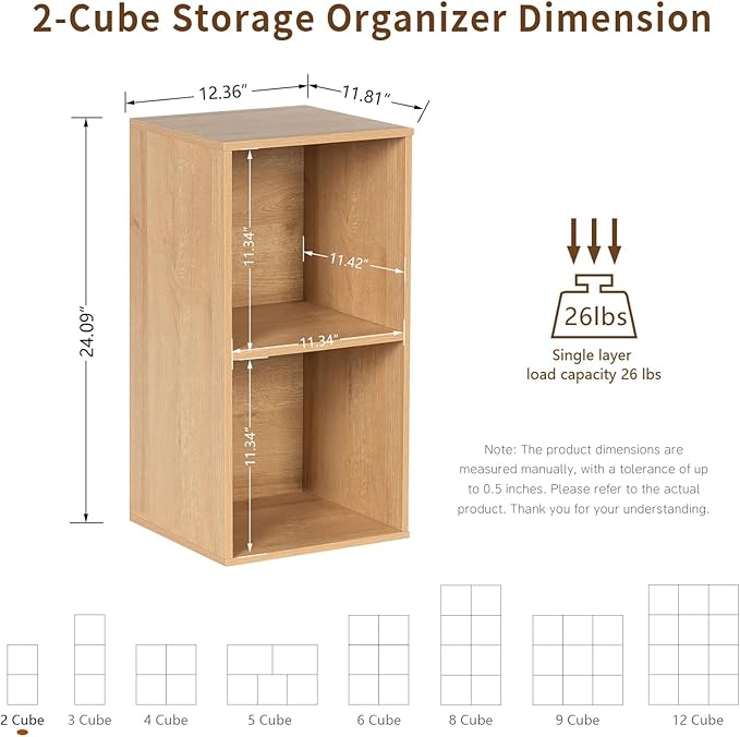 Wooden 2-Cube Storage Organizer with Closed Back Panel, 11in Cube Shelf Opening, Bookshelf, Display Shelf,Closet Cabinet for Home and Office,Natural Oak