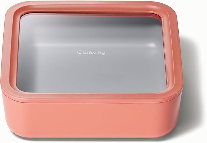 Caraway Glass Food Storage, 10 Cup Glass Container - Ceramic Coated Food Container - Non Stick Lunch Box Container with Glass Lids. Dishwasher, Oven, & Microwave Safe - Square Shape - Perracotta-NeatNest