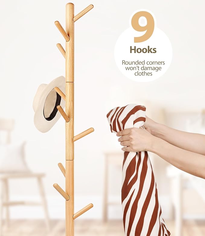 Beech Wood Coat Rack Stand with 9 Hooks, 3 Height Adjustable, simple Freestanding Solid Wooden Coat Tree Hanger for Clothes, Hats, Scarves, bags, Jackets, Bedroom, livingromm(Natural Wood)-NeatNest