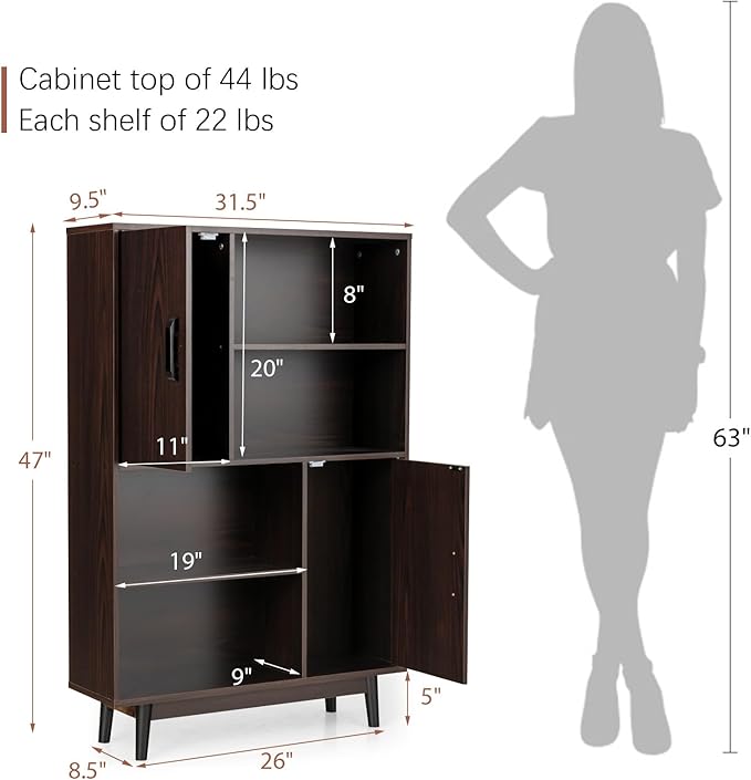 Giantex Storage Cabinet with Legs, Floor Cabinet with Doors, Shelves, Anti-Tipping Device, 4-Tier Bookshelf for Books & Photos, Tall Cupboard in Living Room, Kitchen Buffet Sideboard (Brown)