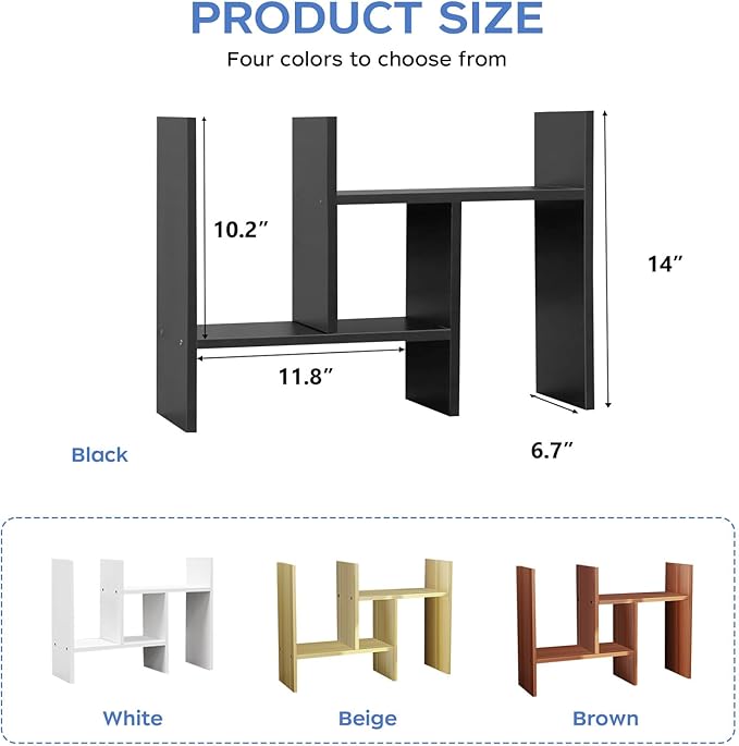 Black Desk Organizer Shelf Wooden Desktop Bookshelf Adjustable Desktop Organizer Shelves Small Book Shelf for Office Desk Supplies Home Storage Natural Stand Decor (Black, Style1)-NeatNest