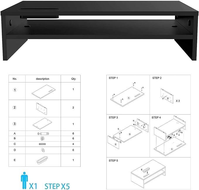 BONTEC Wood Monitor Stand Riser, 2-Tier Desktop Organizer with Storage, Ergonomic Computer Stand for Desk, Cable Management, Cellphone Holder, 21.3 Inch Shelf, Black-NeatNest