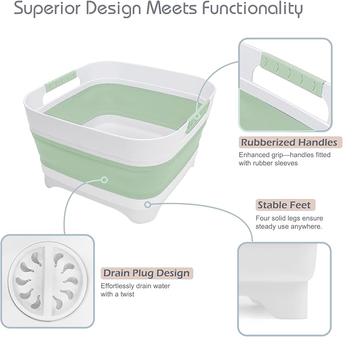 2.4 Gal Collapsible Wash Basin with Drain Plug, Space-Saving Portable Wash Tub, 9L Dish Pan for Soaking Baby Bottles and Pump Parts, Versatile Dish tub for Kitchen, RV, Outdoor Camping Sink (Green)-NeatNest