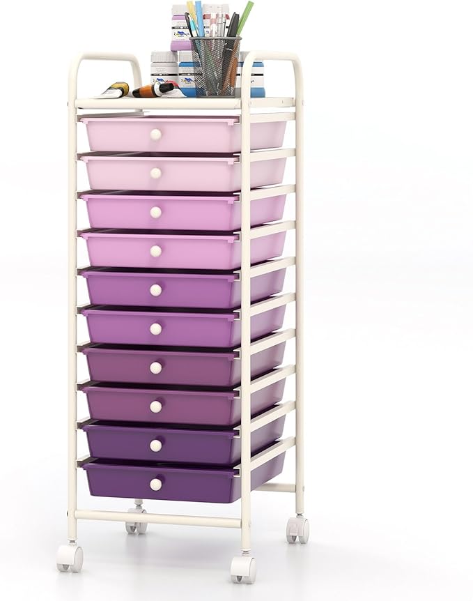 COSTWAY 10-Drawer Rolling Storage Cart, Utility Mobile Trolley with Removable Drawers & Universal Casters & 2 Brakes, Versatile Flexible Drawer Organizer Cart for Home, Office, Purple Gradient-NeatNest
