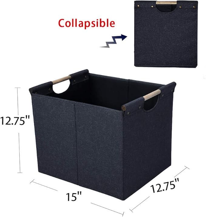 HOONEX Large Collapsible Storage Bins, Linen Fabric, 2 Pack, Storage Baskets with Wooden Carry Handles and Sturdy Heavy Cardboard, for Home, Office, Car, Nursery, Dark Grey
