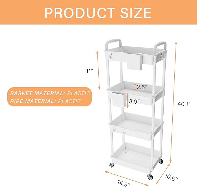 4 Tier Rolling Utility Cart with Handle,REBECAT Utility Cart Made of Multifunctional Storage Organizer Tool for Kitchen,Bathroom,Living Room,Office(White)-NeatNest