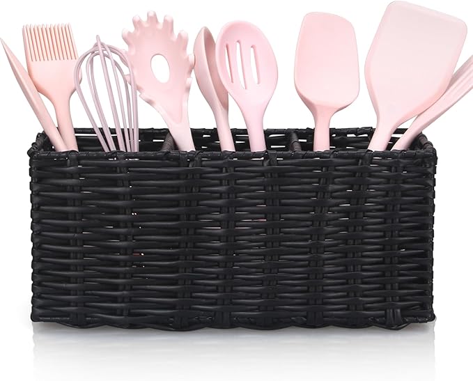 Ayiaren Wicker Silverware Cutlery Holder Black Flatware Utensil Caddy Best Silverwares Organizer Storage for Countertop Party Kitchen Utensils Holder Flatware Silverware Caddy Spoon and Fork Holders-NeatNest