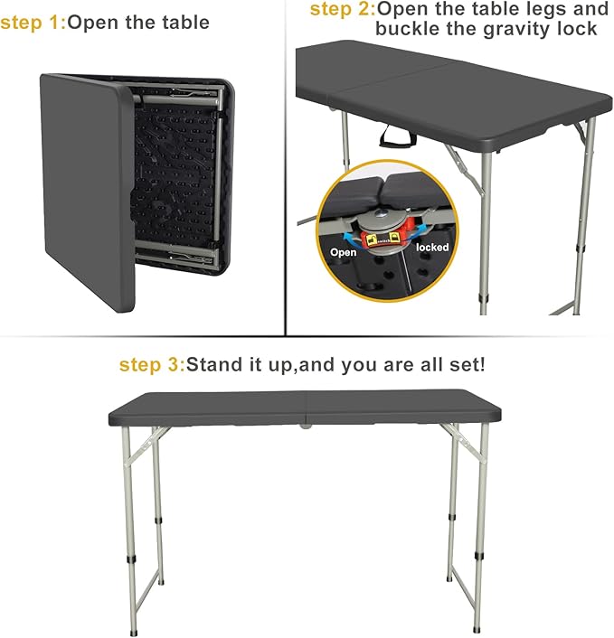 Folding Table 4 Foot Height Adjustable Fold-in-Half Table with Carrying Handle, Small Card Table Indoor Outdoor Use, Black-NeatNest