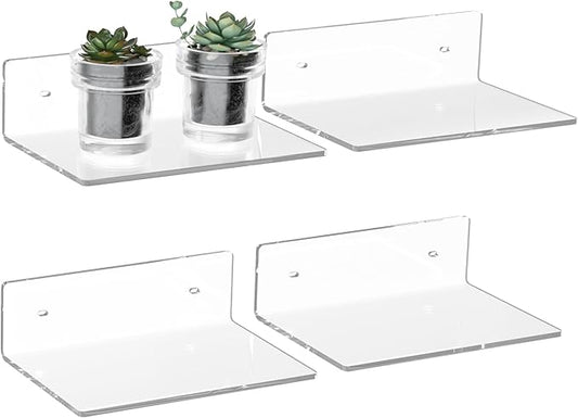 9 Inch Clear Wall Shelves, Acrylic Small Floating Shelf, Home Wall Display Shelf for Storage, Room Décor, Space Saving, Items Organizer, Bathroom Organizer, 4 Pack-NeatNest