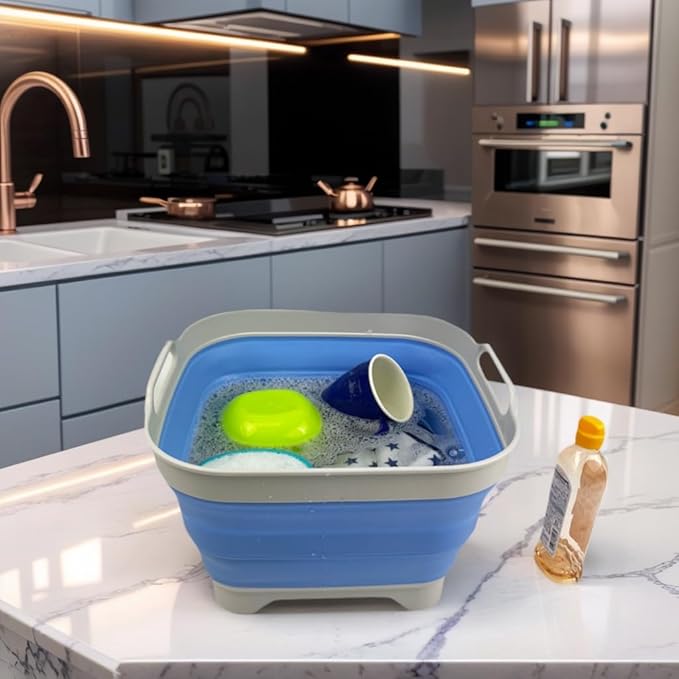 SAMMART 10L (2.64 Gallon) Collapsible Dishpan with Draining Plug-Foldable Washing Basin-Portable Dish Washing Tub-Space Saving Kitchen Storage Tray for Camping & RV (1, Grey/Little Boy Blue)