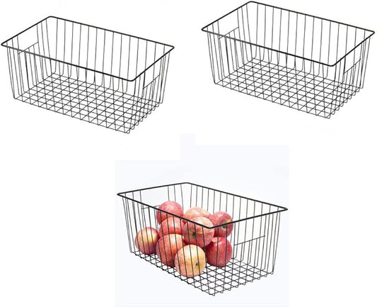 16inch Freezer Wire Storage Organizer Baskets, Household Refrigerator Bins with Built-in Handles for Cabinet, Pantry, Closet, Bedroom