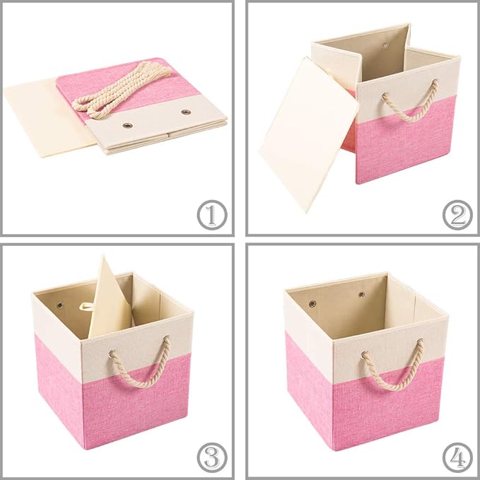PRANDOM Large Foldable Cube Storage Bins 11x11 inch [4-Pack] Fabric Linen Storage Baskets Cubes Drawer with Cotton Handles Organizer for Shelves Nursery Closet Bedroom Pink-NeatNest