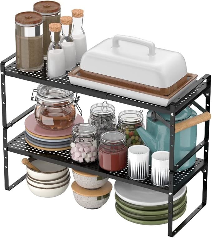 Expandable Kitchen Cabinet Shelf Organizers, Stackable Metal Pantry Storage Shelves Rack, Adjustable Counter Spice Shelf for Cabinets, Countertop, Cupboard, 2 Pack, Black-NeatNest
