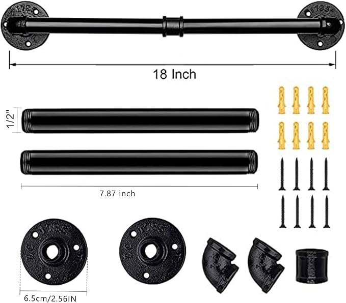 Industrial Pipe Towel Rack Towel Bar, Heavy Duty Wall Mounted Rustic Farmhouse Bath Towel Holder for Bathroom (Black, 18 Inch)