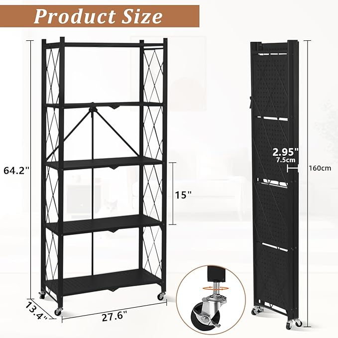 2025 Upgraded Portable 5-Tier Foldable Storage Shelves with Wheels Heavy Duty Storage Shelf Collapsible Shelves Unit Display for Garage Storage Kitchen Pantry & Closet Organizer, Space Black