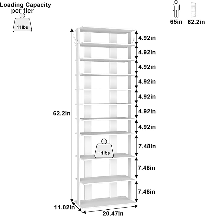 HOMEFORT 10-Tier Corner Shoe Tower - Double Rows, Slim Shoe Stand for 20 Pairs - Entryway, Hallway, Closet (White)-NeatNest