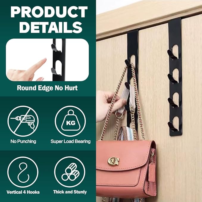 2 Pack Black Coat Hooks, 4 Layers Metal Hats Hanger, Strong Vertical Black Coat Hook, Over Door Rack for Hanging Bags Jams Scarf Keys and More.