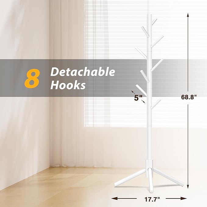 Wooden Coat Rack, Free Standing Coat Rack with 8 Hooks 3 Adjustable Heights for Clothes, Hats, Handbags, Coat Tree Easy Assembly for Entryway, Bedroom, Hallway, Office (New White)-NeatNest