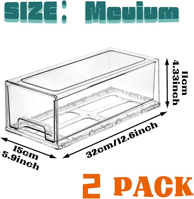 PeJeyiee 2 Pack Clear Stackable Refrigerator Organizers and Storage Drawers - Pull-Out Fridge Bins with Anti-Slip Base & Easy Clean, Plastic Organizers for Kitchen Pantry Cabinet Closet (Medium)-NeatNest