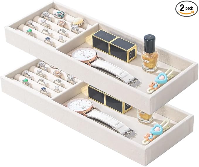 2Pcs Desk Drawer Storage Tray, Nightstand Organizer, Necklace Bracelet Ring Earring Jewelry Display, Grid Table Organizer Holder for Sunglass, Phone, Watch, Perfume (2 grid)/Beige-NeatNest