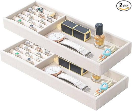 2Pcs Desk Drawer Storage Tray, Nightstand Organizer, Necklace Bracelet Ring Earring Jewelry Display, Grid Table Organizer Holder for Sunglass, Phone, Watch, Perfume (2 grid)/Beige-NeatNest