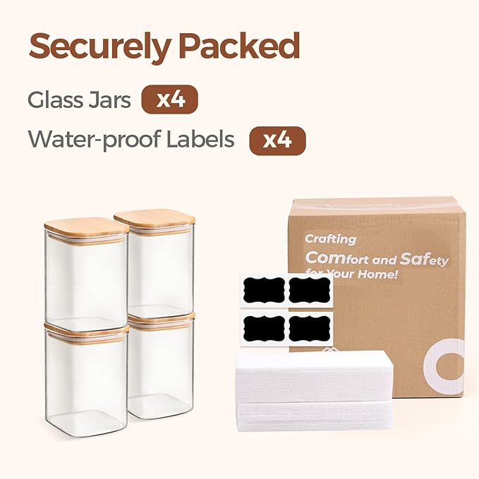 ComSaf Glass Storage Containers with Lids, 1.2 Qt Glass Jars with Lids, Clear Food Storage Jar, Canister For Pantry Cookie Flour Cereal Rice Sugar Tea Coffee Beans Spice, Square Set of 4-NeatNest
