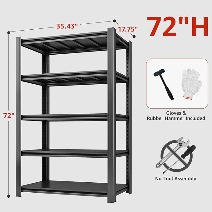 72" H Metal Garage Storage Shelves, 5 Tier Adjustable Shelving Unit for Warehouse, Office, Kitchen, Pantry, Living Room, Laundry Room, 35.43" W x 15.75" D, Load 2500 LBS, Black-NeatNest